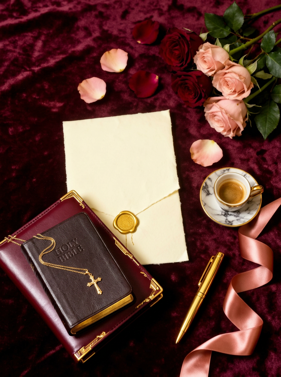 Elegant burgundy and gold consulting workspace with roses, planner, and laptop
